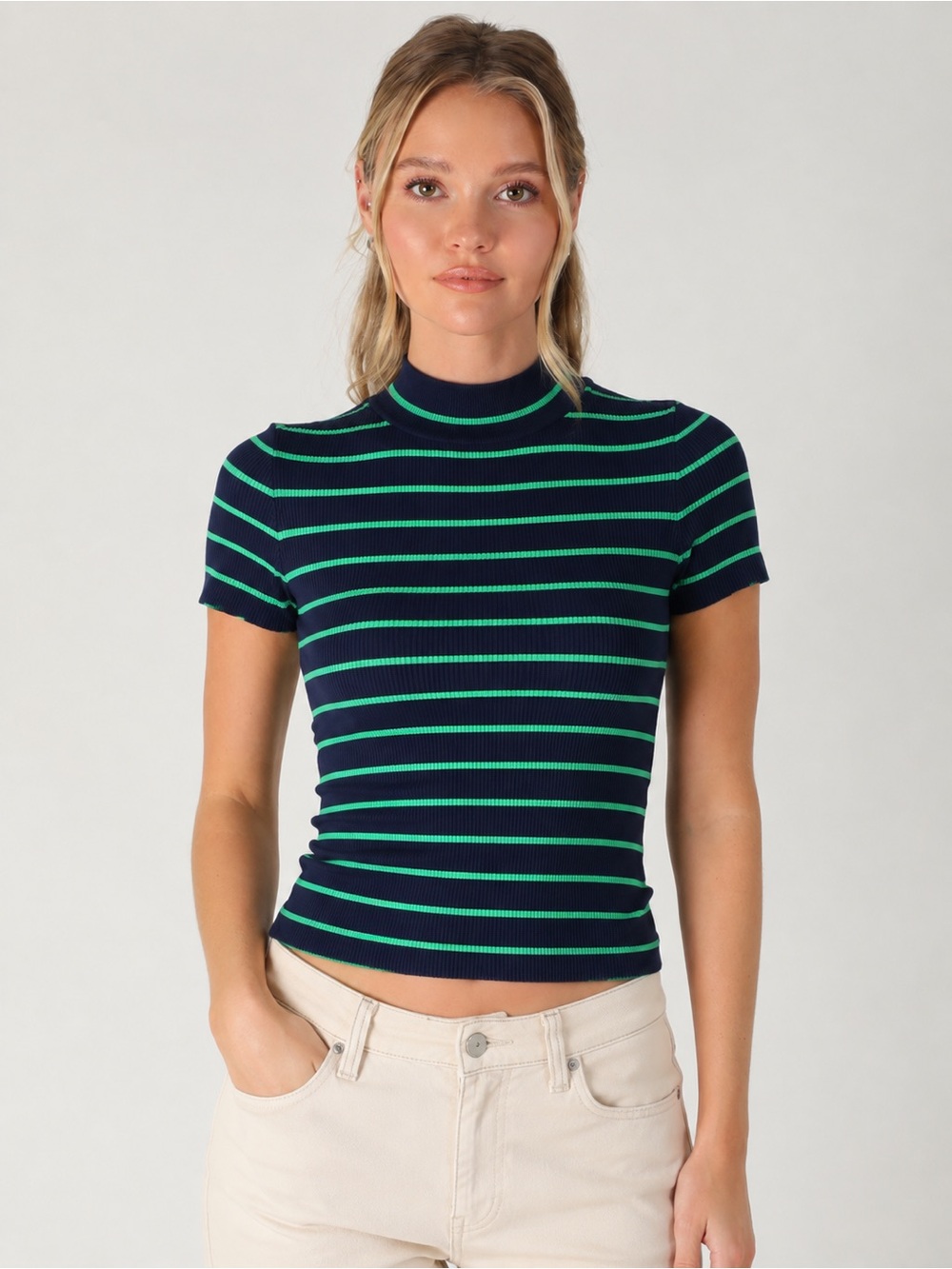 Free Assembly Navy & Green Striped Ribbed Mock-Neck Tee